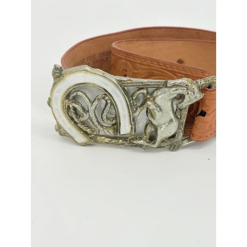 Vintage Tooled Leather Belt with Faux Mother of Pearl Horse Shoe Buckle Size 28